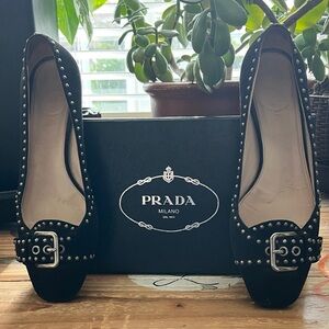 Prada Black Flats with Silver Studs and Buckle